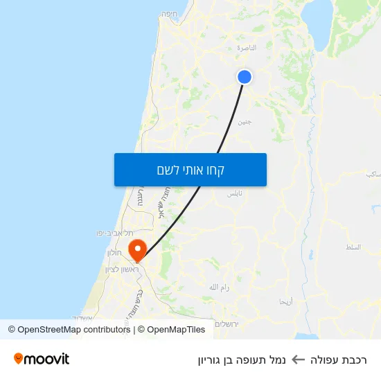 מפת רכבת עפולה לנמל תעופה בן גוריון