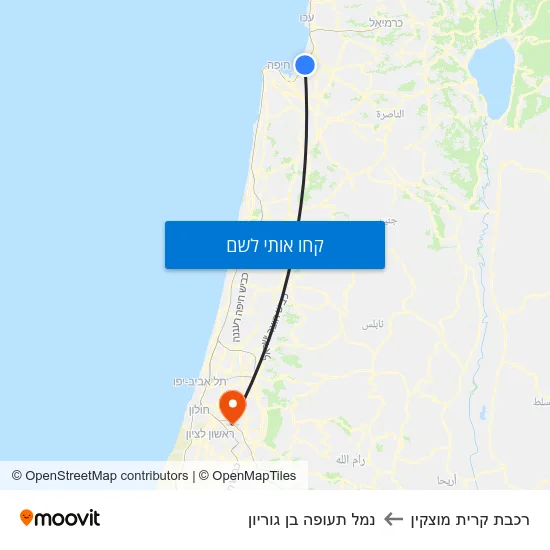 מפת רכבת קרית מוצקין לנמל תעופה בן גוריון