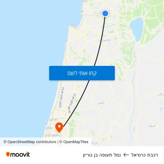 מפת רכבת כרמיאל לנמל תעופה בן גוריון