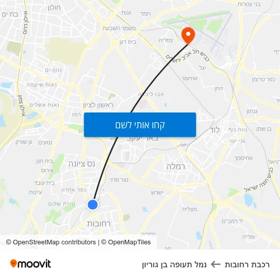 מפת רכבת רחובות לנמל תעופה בן גוריון