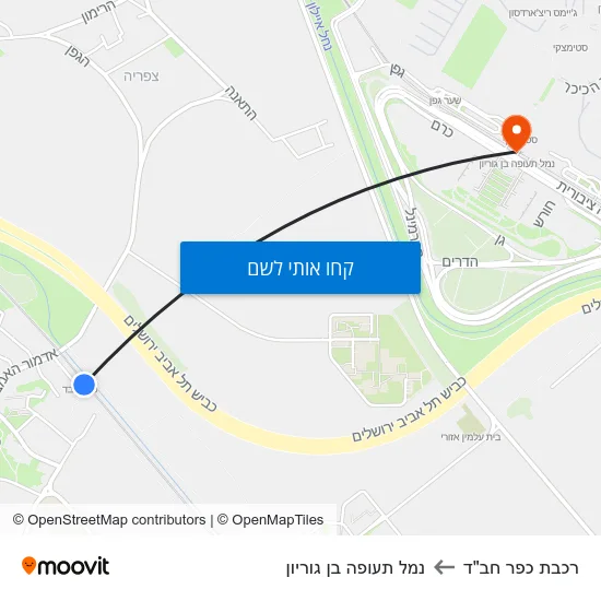 מפת רכבת כפר חב"ד לנמל תעופה בן גוריון