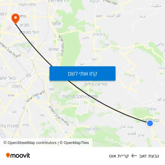 מפת גבעת זאב לקריית אונו