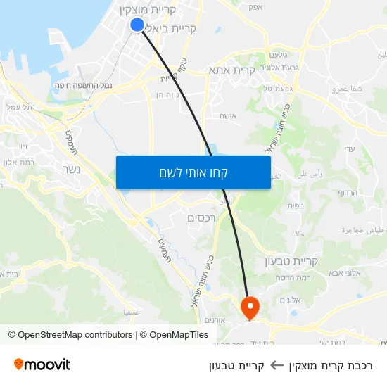 מפת רכבת קרית מוצקין לקריית טבעון