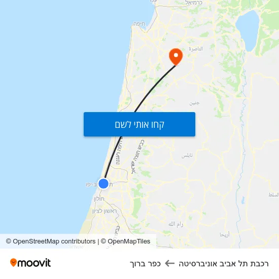 מפת רכבת תל אביב אוניברסיטה לכפר ברוך