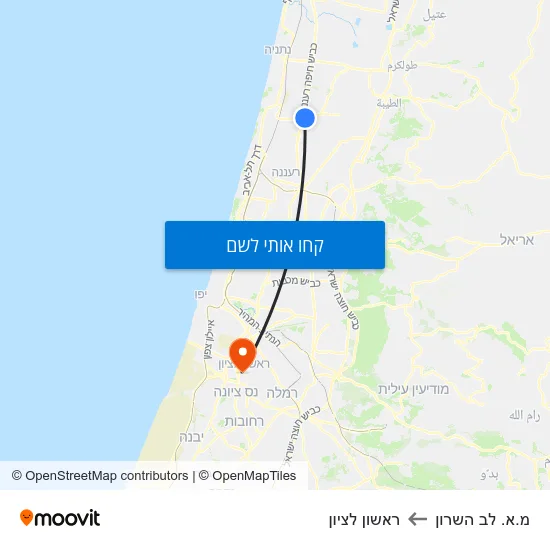מפת מ.א. לב השרון לראשון לציון