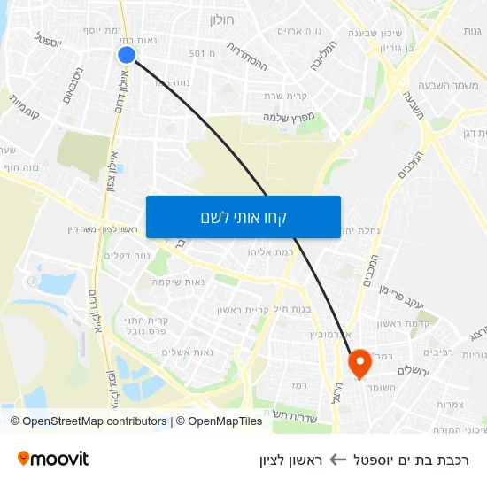 מפת רכבת בת ים יוספטל לראשון לציון