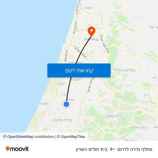 מפת מחלף גדרה לדרום לבית חולים השרון