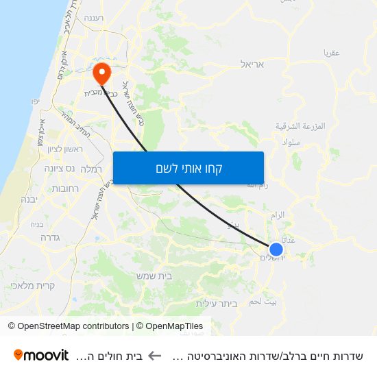 מפת שדרות חיים ברלב/שדרות האוניברסיטה העברית לבית חולים השרון