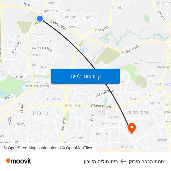 מפת צומת הכפר הירוק לבית חולים השרון