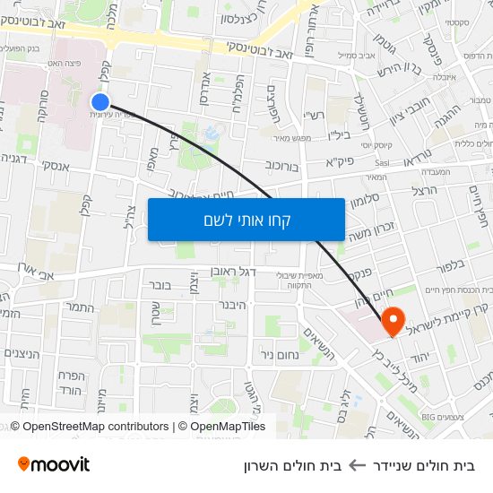 מפת בית חולים שניידר לבית חולים השרון