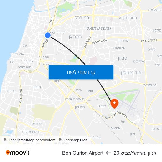 מפת קניון עזריאלי/כביש 20 לBen Gurion Airport