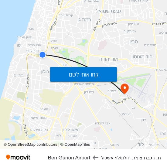 מפת ת. רכבת צומת חולון/לוי אשכול לBen Gurion Airport