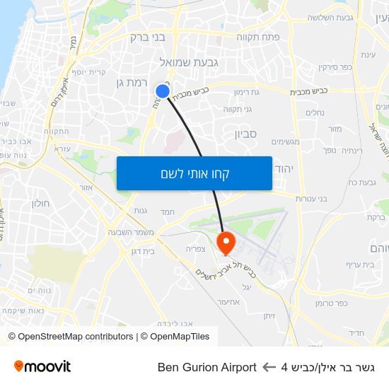 מפת גשר בר אילן/כביש 4 לBen Gurion Airport