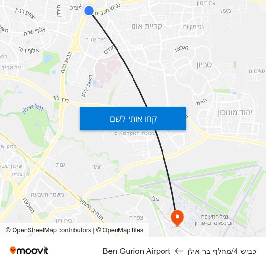 מפת כביש 4/מחלף בר אילן לBen Gurion Airport