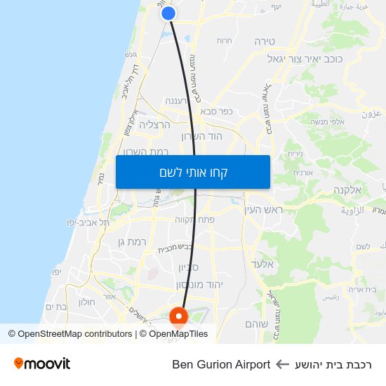 מפת רכבת בית יהושע לBen Gurion Airport