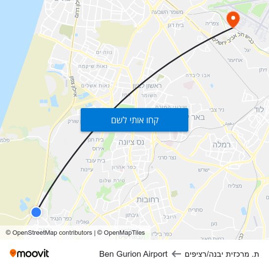 מפת ת. מרכזית יבנה/רציפים לBen Gurion Airport