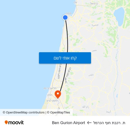 מפת ת. רכבת חוף הכרמל לBen Gurion Airport