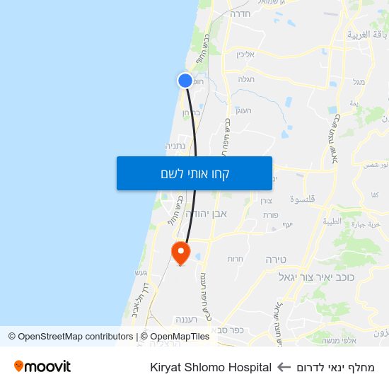 מפת מחלף ינאי לדרום לKiryat Shlomo Hospital