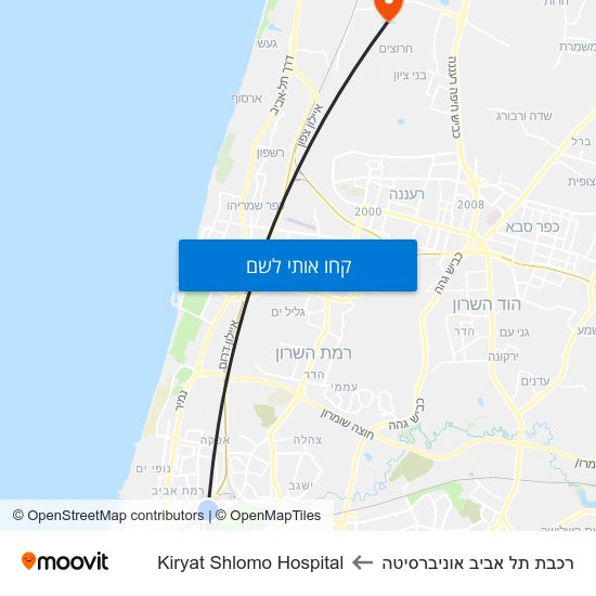 מפת רכבת תל אביב אוניברסיטה לKiryat Shlomo Hospital