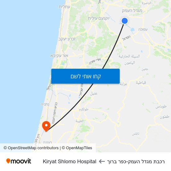 מפת רכבת מגדל העמק-כפר ברוך לKiryat Shlomo Hospital