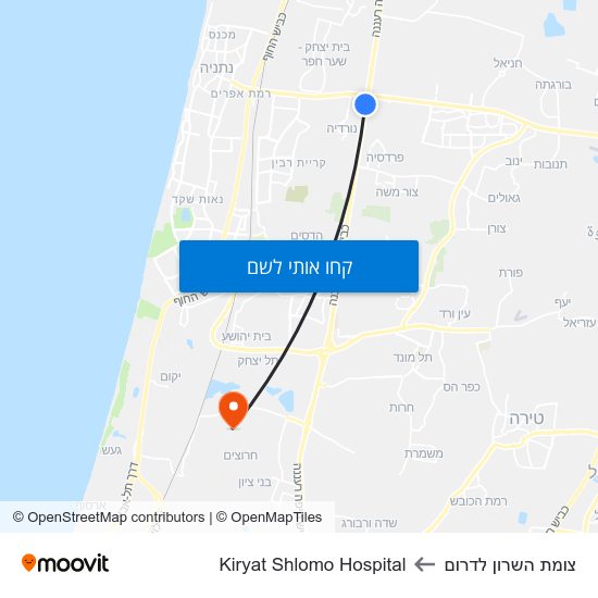 מפת צומת השרון לדרום לKiryat Shlomo Hospital