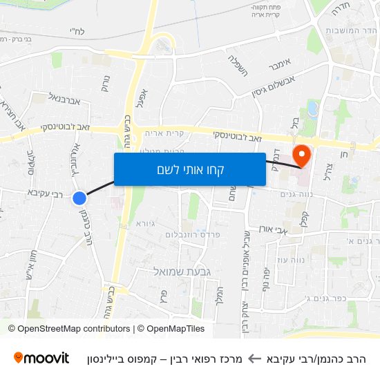 מפת הרב כהנמן/רבי עקיבא למרכז רפואי רבין – קמפוס ביילינסון