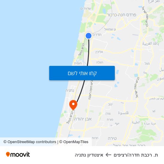 מפת ת. רכבת חדרה/רציפים לאיצטדיון נתניה