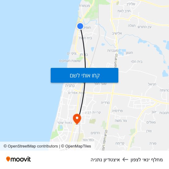 מפת מחלף ינאי לצפון לאיצטדיון נתניה