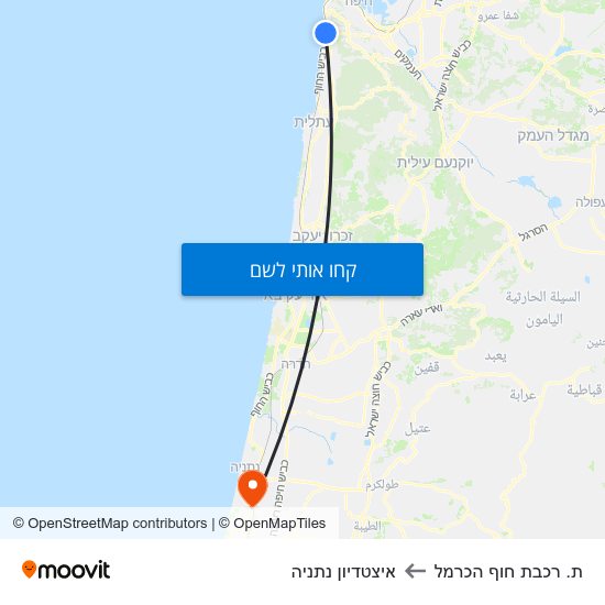 מפת ת. רכבת חוף הכרמל לאיצטדיון נתניה