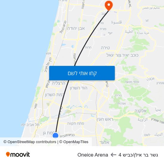 מפת גשר בר אילן/כביש 4 לOneice Arena