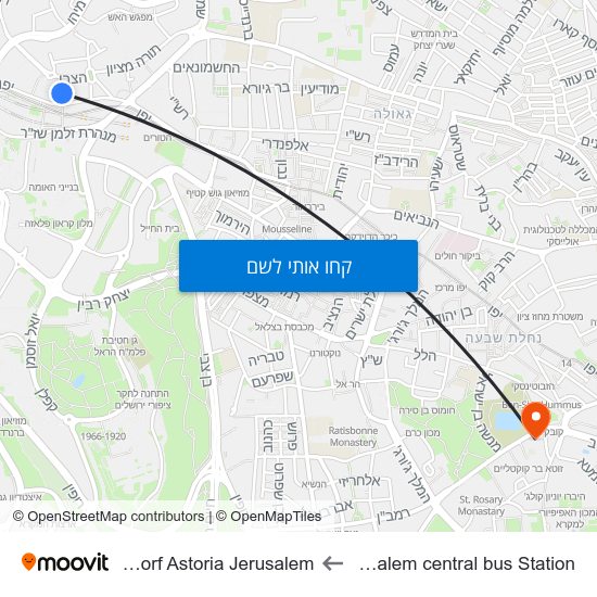 מפת Jerusalem central bus Station לWaldorf Astoria Jerusalem