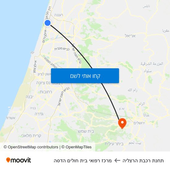 מפת תחנת רכבת הרצליה למרכז רפואי בית חולים הדסה