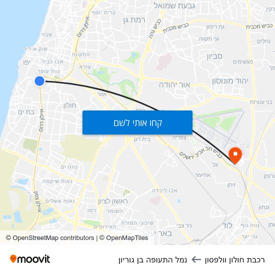 מפת רכבת חולון וולפסון לנמל התעופה בן גוריון