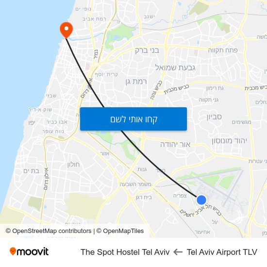 מפת Tel Aviv Airport TLV לThe Spot Hostel Tel Aviv