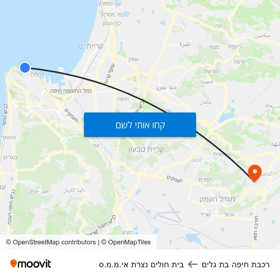 מפת רכבת חיפה בת גלים לבית חולים נצרת אי.מ.מ.ס