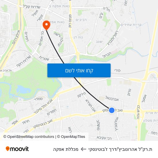 מפת ת.רק''ל אהרונוביץ'/דרך ז'בוטינסקי למכללת אפקה