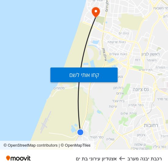 מפת רכבת יבנה מערב לאצטדיון עירוני בת ים