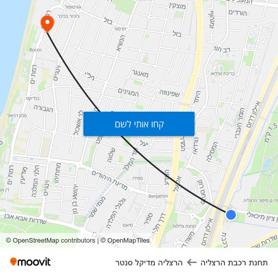 מפת תחנת רכבת הרצליה להרצליה מדיקל סנטר