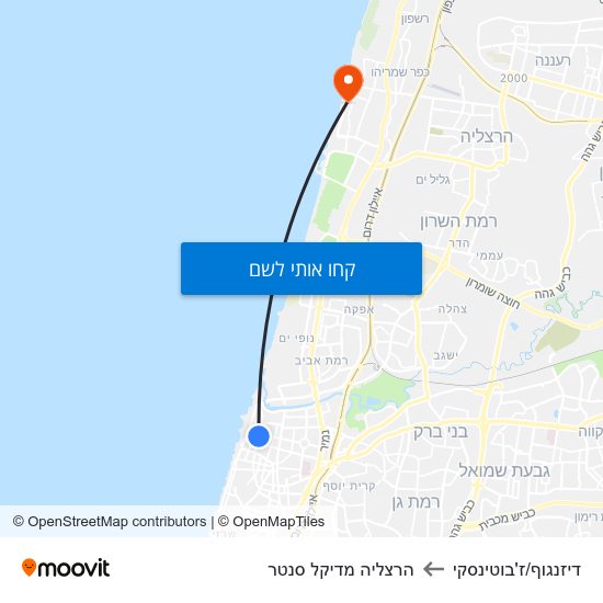 מפת דיזנגוף/ז'בוטינסקי להרצליה מדיקל סנטר