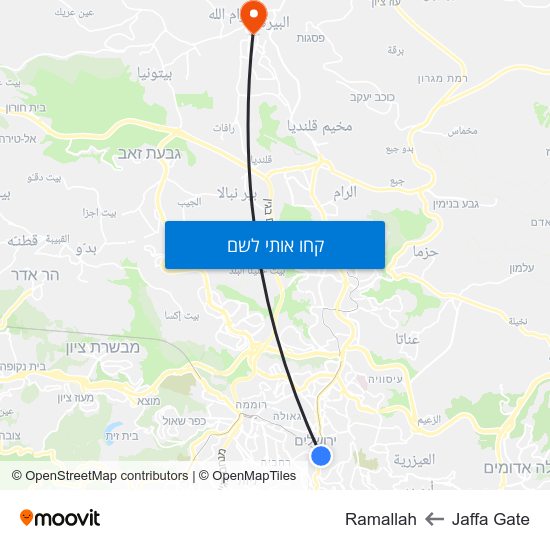 מפת Jaffa Gate לRamallah