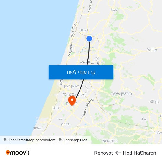 מפת Hod HaSharon לRehovot