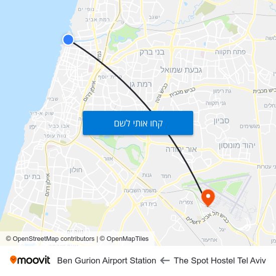 מפת The Spot Hostel Tel Aviv לBen Gurion Airport Station