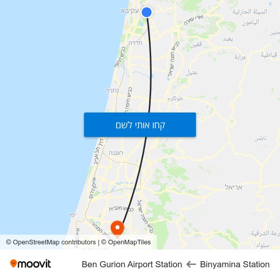 מפת Binyamina Station לBen Gurion Airport Station
