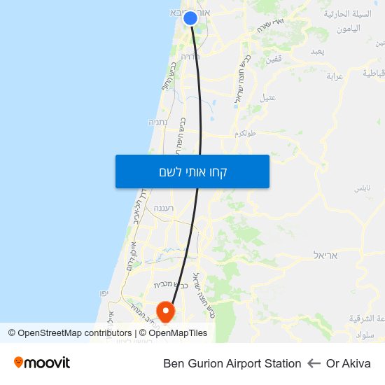 מפת Or Akiva לBen Gurion Airport Station
