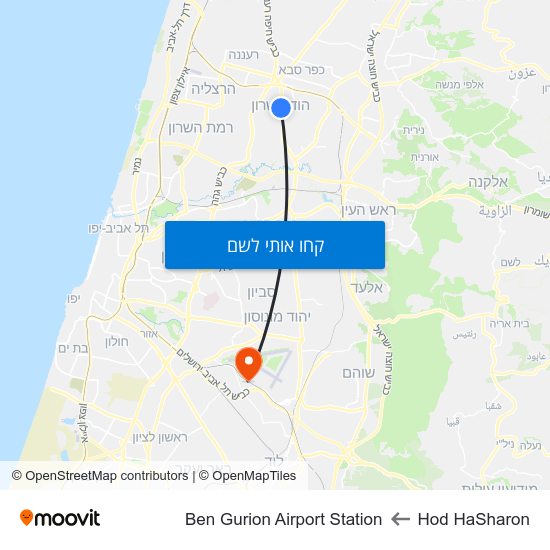מפת Hod HaSharon לBen Gurion Airport Station