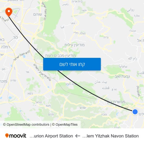 מפת Jerusalem Yitzhak Navon Station לBen Gurion Airport Station