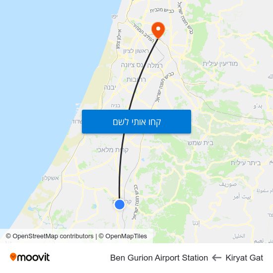 מפת Kiryat Gat לBen Gurion Airport Station