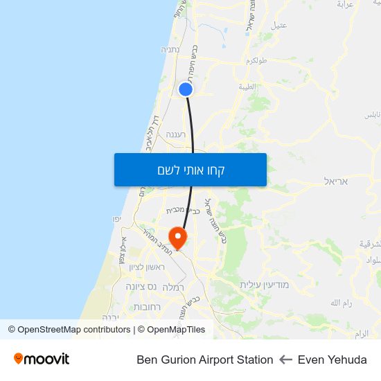 מפת Even Yehuda לBen Gurion Airport Station