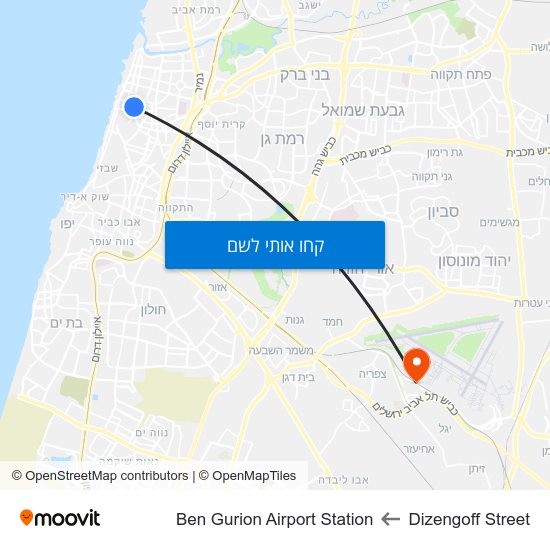 מפת Dizengoff Street לBen Gurion Airport Station