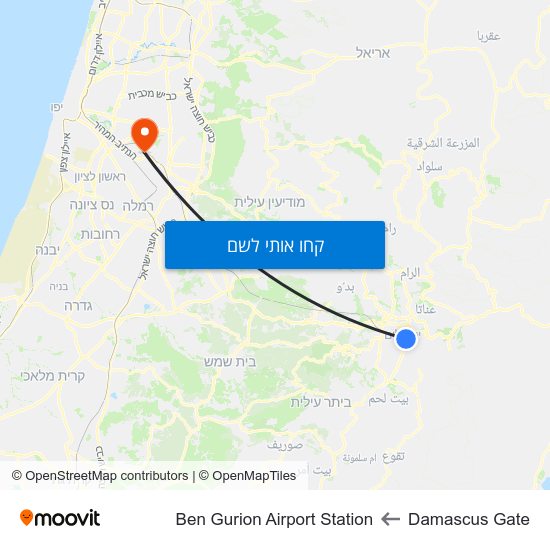 מפת Damascus Gate לBen Gurion Airport Station